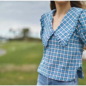 Ganni Azure Blue Check Seersucker Oversized Collar Puff Sleeve Blouse 40 NEW